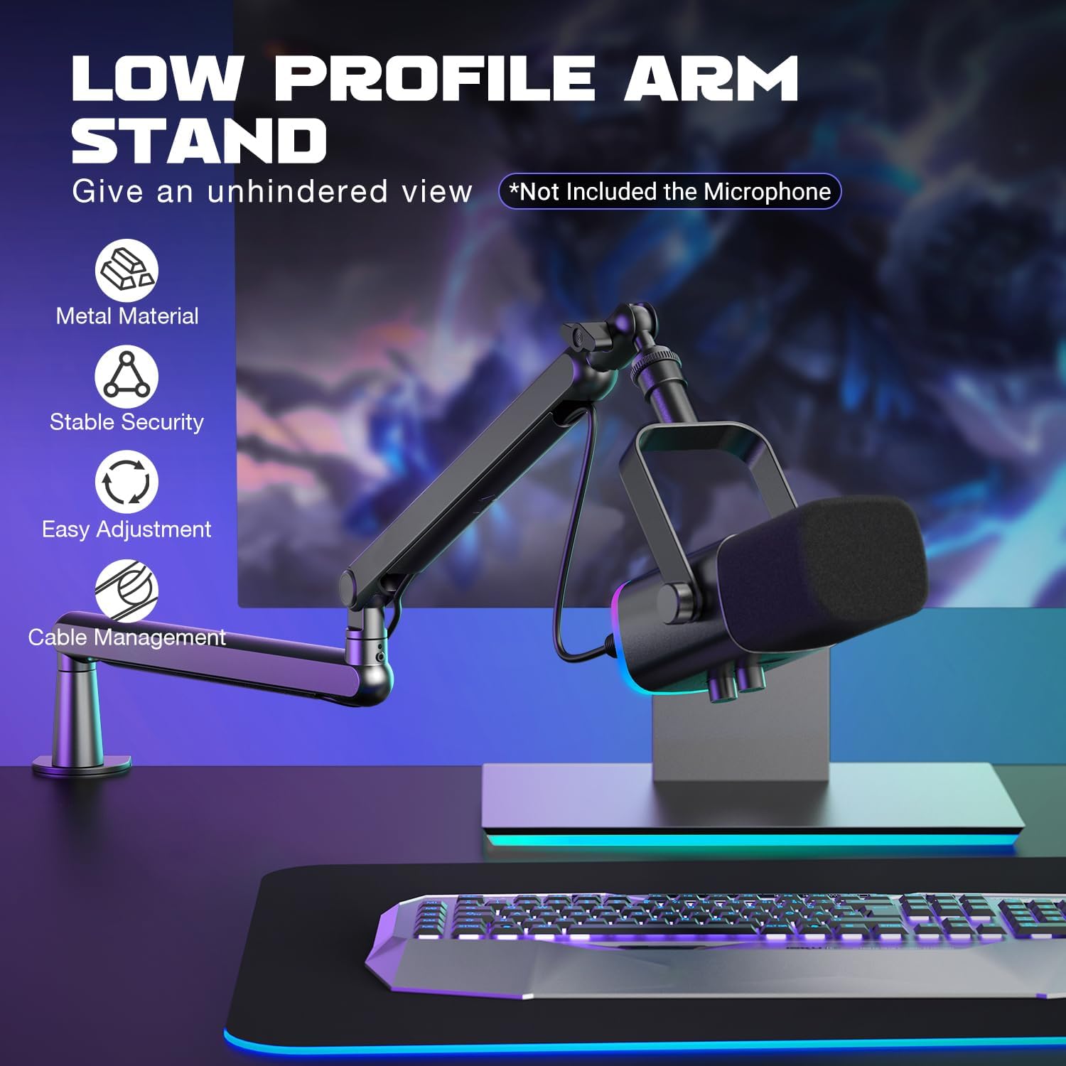 FIFINE Microphone Boom Arm, Low Profile Adjustable Stick Microphone Arm Stand with Desk Mount Clamp