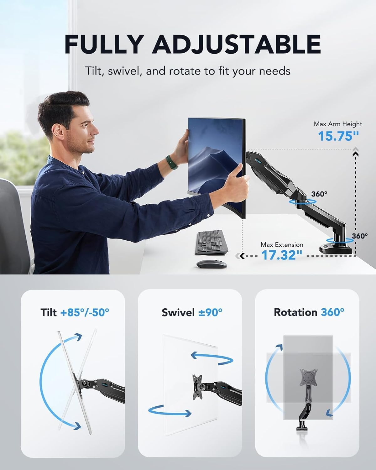 HUANUO FlowLift™ Single Monitor Mount, 13 to 32 Inch Monitor Arm