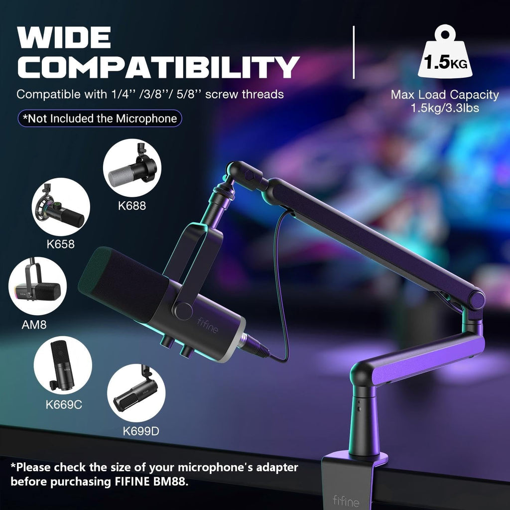 FIFINE Microphone Boom Arm, Low Profile Adjustable Stick Microphone Arm Stand with Desk Mount Clamp