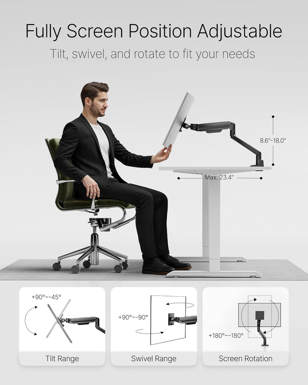 Deluxe Monitor Arm for 17 to 40 Inch Curved Screens with Cable Management Aluminum