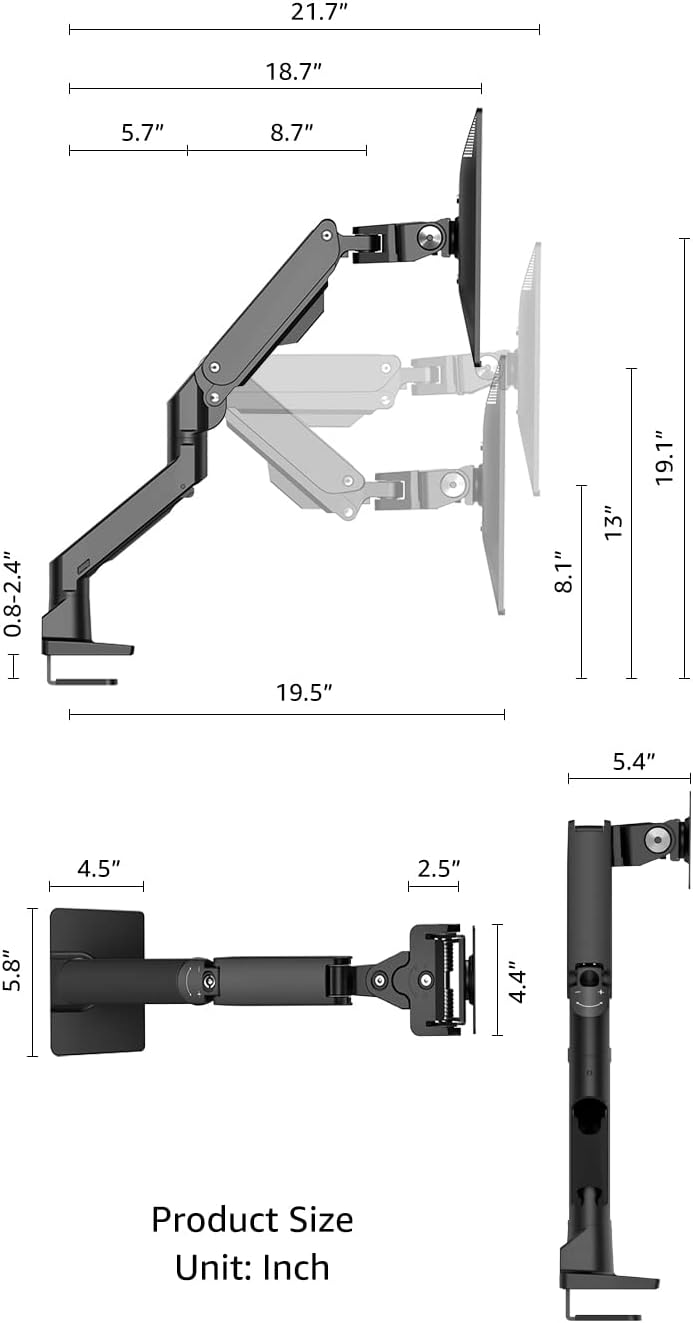Heavy Duty Monitor Arm Aluminum Single Gas Spring Monitor Arm Suit for Flat/Ultrawide/Cruved Screen