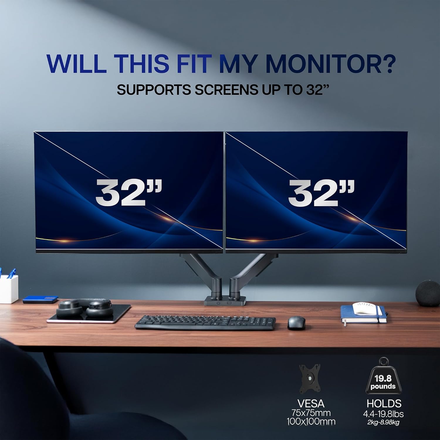 Dual Monitor Stand, Fully Adjustable Arms for 17 to 32 inch Screens