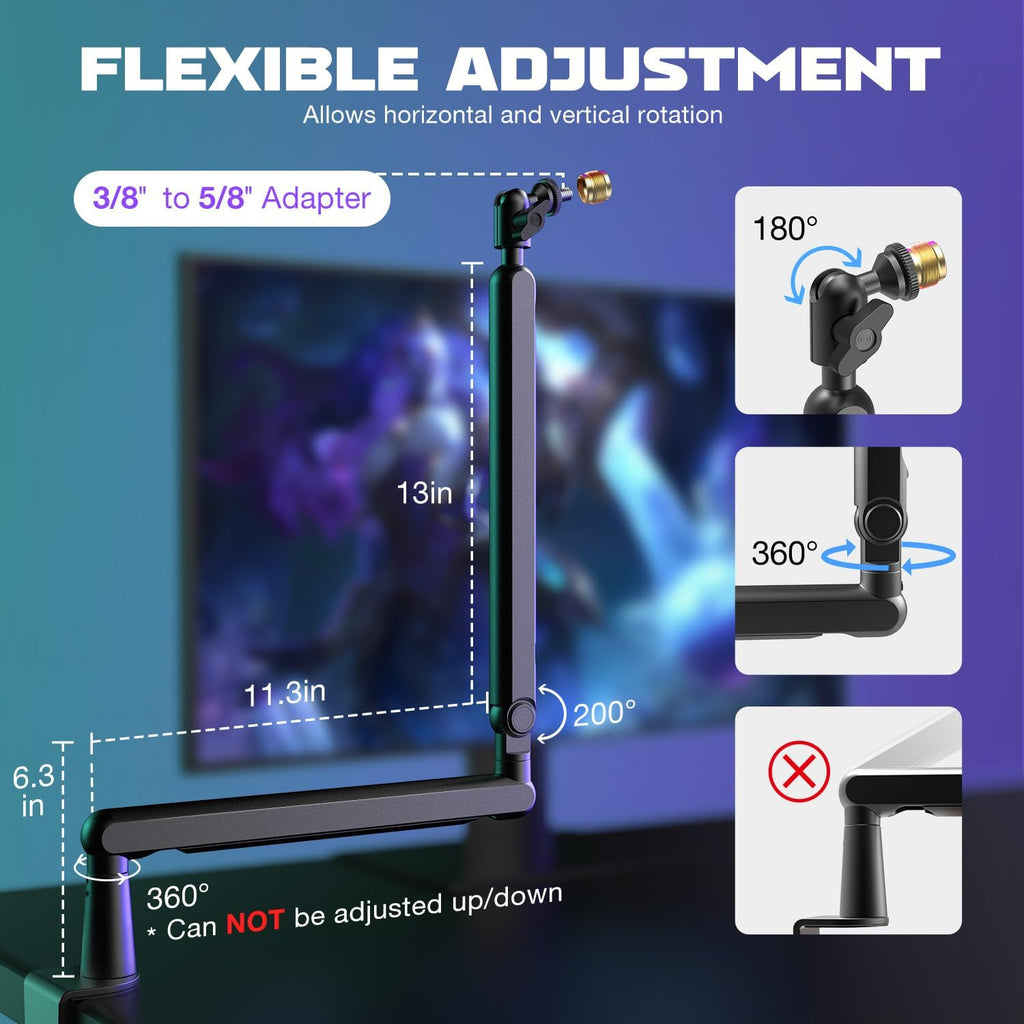 FIFINE Microphone Boom Arm, Low Profile Adjustable Stick Microphone Arm Stand with Desk Mount Clamp