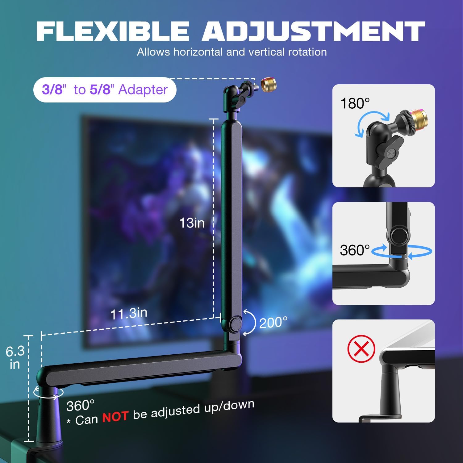 FIFINE Microphone Boom Arm, Low Profile Adjustable Stick Microphone Arm Stand with Desk Mount Clamp